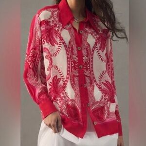 Farm Rio by Anthropologie NWOT Size Medium Printed Pink Button Down Shirt